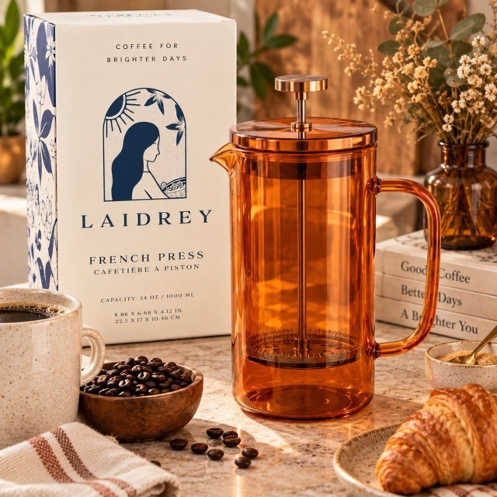Laidrey French Press Coffee Maker Amber Glass 34oz 1000ml Cafetiere